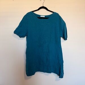 Bryn Walker Linen Short Sleeve Oversized Tunic Top Blue Small